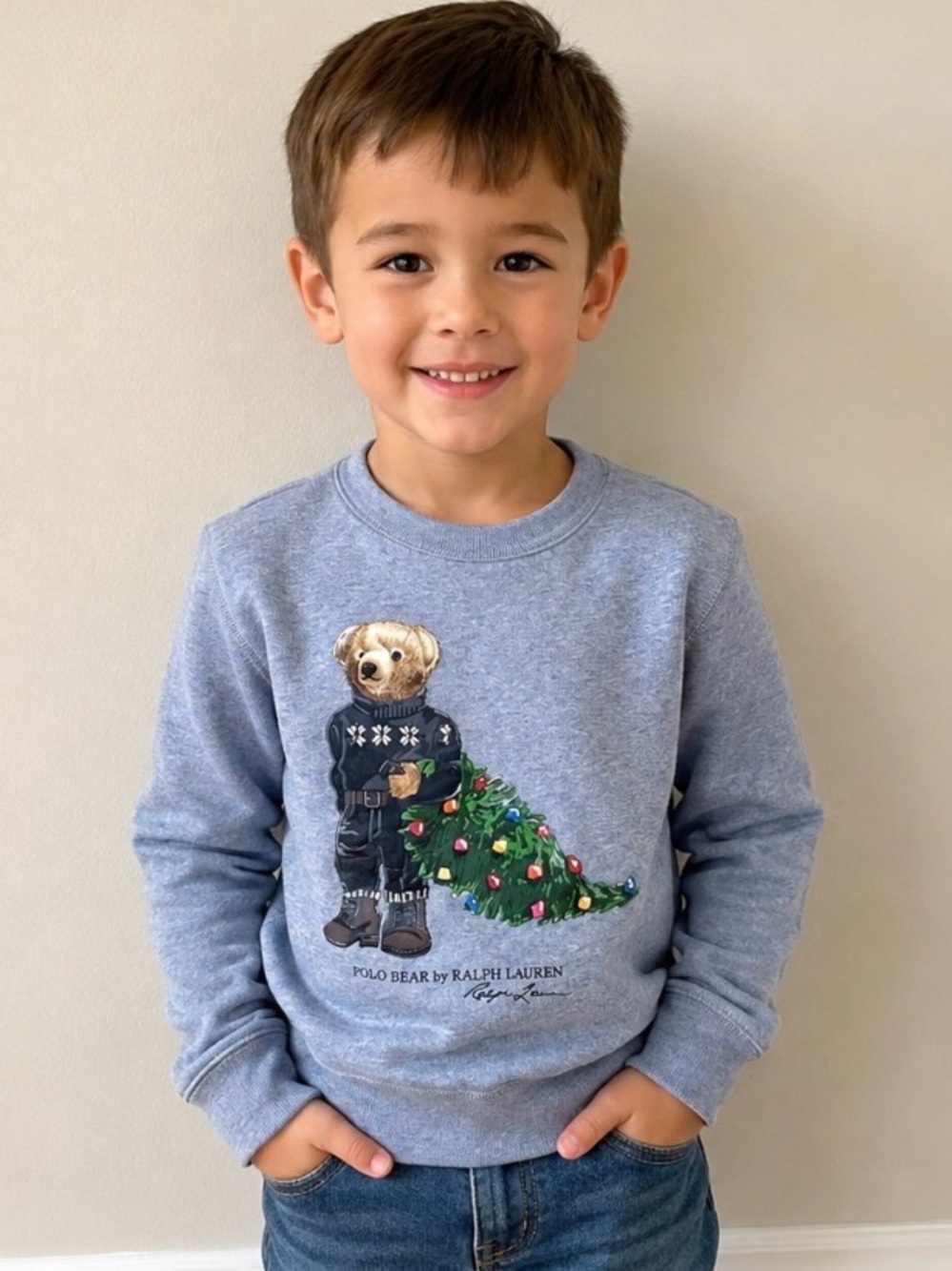Polo by Ralph Lauren Boys' Light Heather Gray Bear Graphic Crewneck Sweatshirt